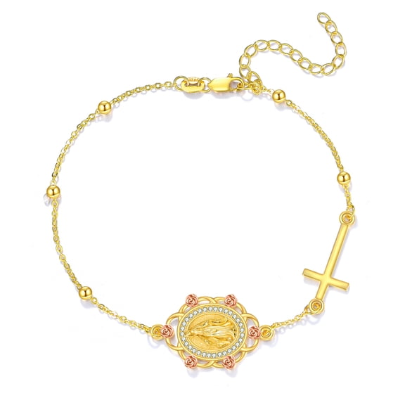 Virgin Mary Bracelet Sterling Silver Gold Plated Virgen de Guadalupe Cross Bracelet Adjustable Religious Amulet Medal Jewelry Gifts for Women
