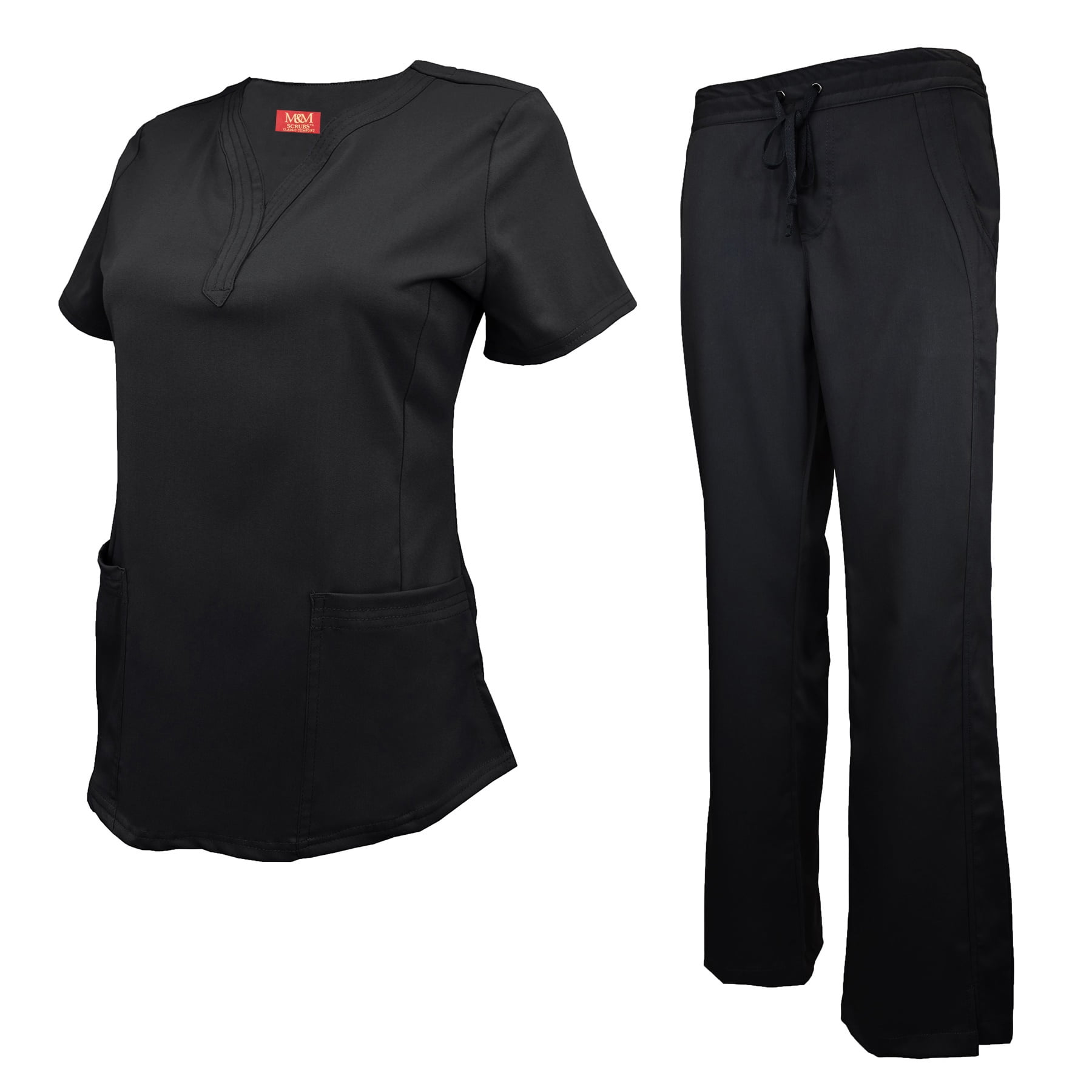 M&M SCRUBS Women's Ultra Soft Stretch DropNeck 2 Pocket Scrub Top and Pants 82009200 (Black