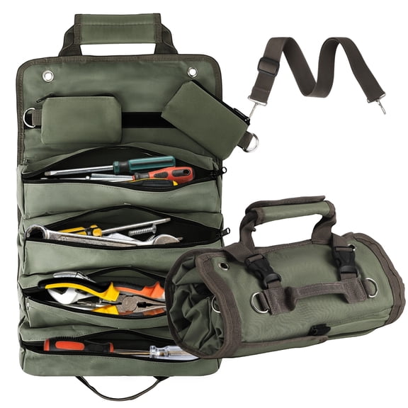 600D Oxford Roll Up Tool Bag, Heavy Duty Tool Roll Organizer with 4 Fixed Large Compartments, 2 Detachable Pouches, 5 Pockets, Portable Toolbag for Electrician, Mechanic
