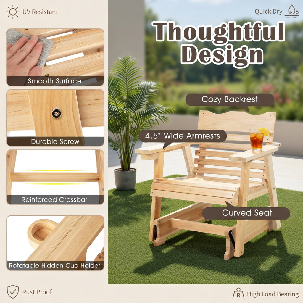 Hommoo Fir Wood Outdoor Rocking Chair with High Back Support & Extra-Wide 4.5" Armrests, Rustic Patio Seating, Natural