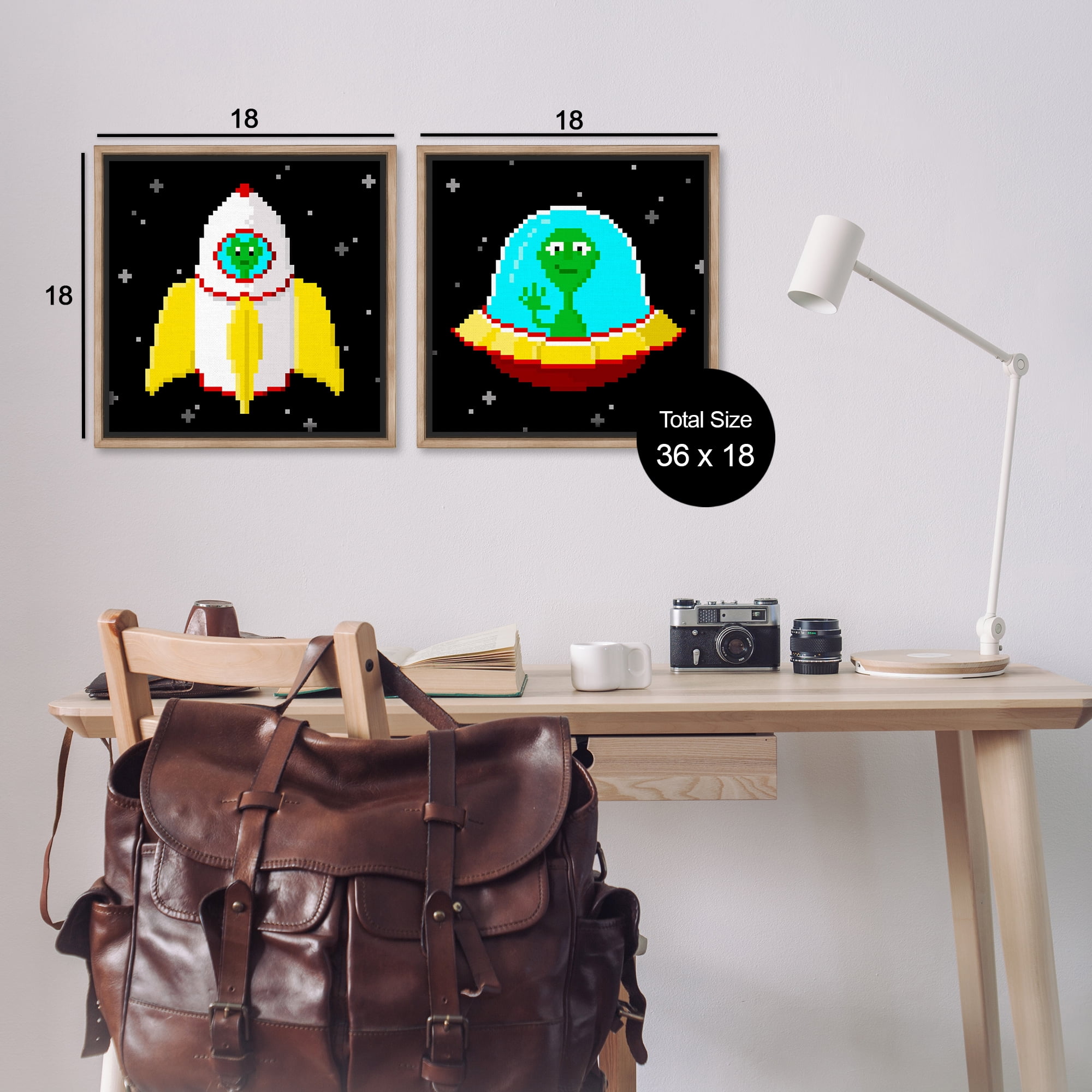 Stupell Industries Pixel Alien Spaceships Fantasy & Sci-Fi Painting Brown Floater Framed Canvas Art Print Wall Art, 18 x 18, Set of 2
