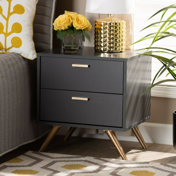 Baxton Studio Kelson Modern and Contemporary Dark Grey and Gold Finished Wood 2-Drawer Nightstand