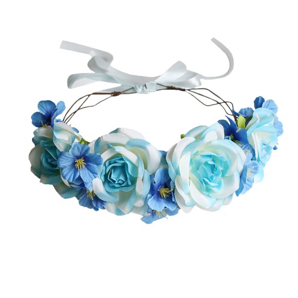 Vivivalue Corona de flores de rosas, diadema de flores bohemias, corona para el pelo, tocado floral, halo con cinta, fotos de festivales de bodas, fiestas, color azul