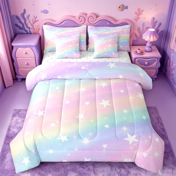 meiyoeat Colorful Gradient 7-Piece Twin Bedding,Cute Rainbow Stars Print Bedding Comforter Set For Girl,Reversible