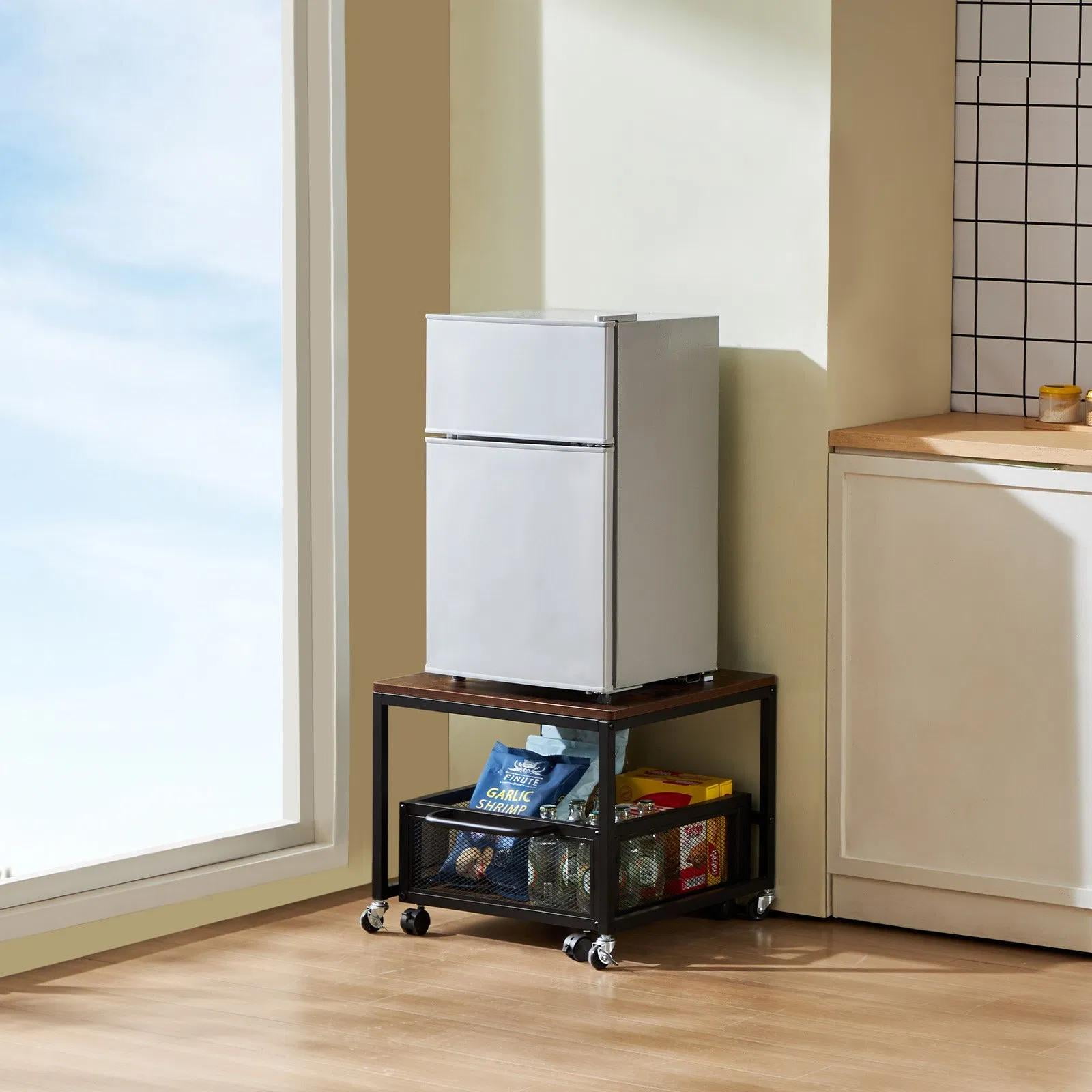 Mini Fridge Stand with Storage, Mini Fridge Table with Movable Storage Cart, Beverage Refrigerator Stand for Coffee Bar, Mini Fridge Organizer for Home Dorm