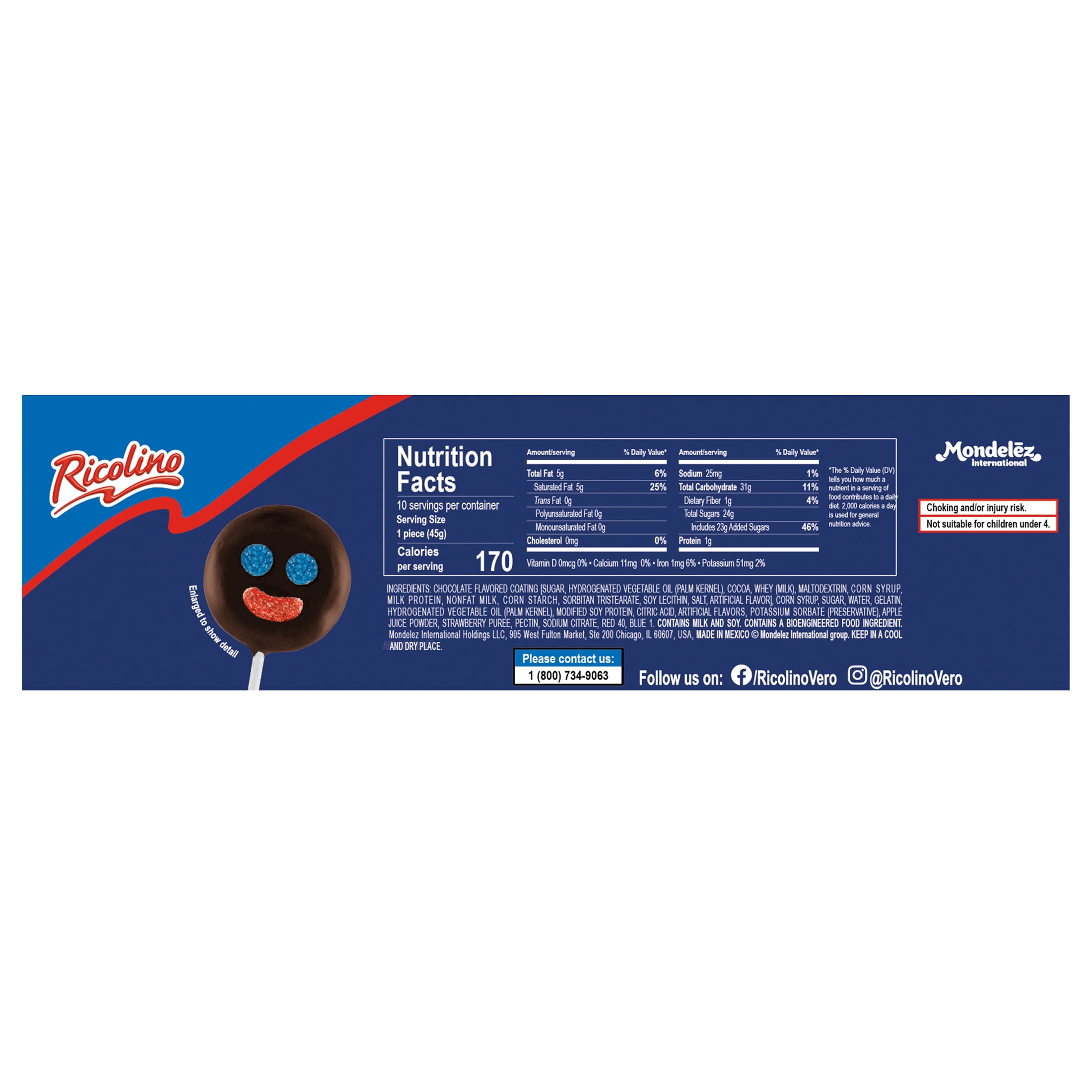 Ricolino Paleta Payaso Chocolate Marshmallow Lollipop, 10 Count Box