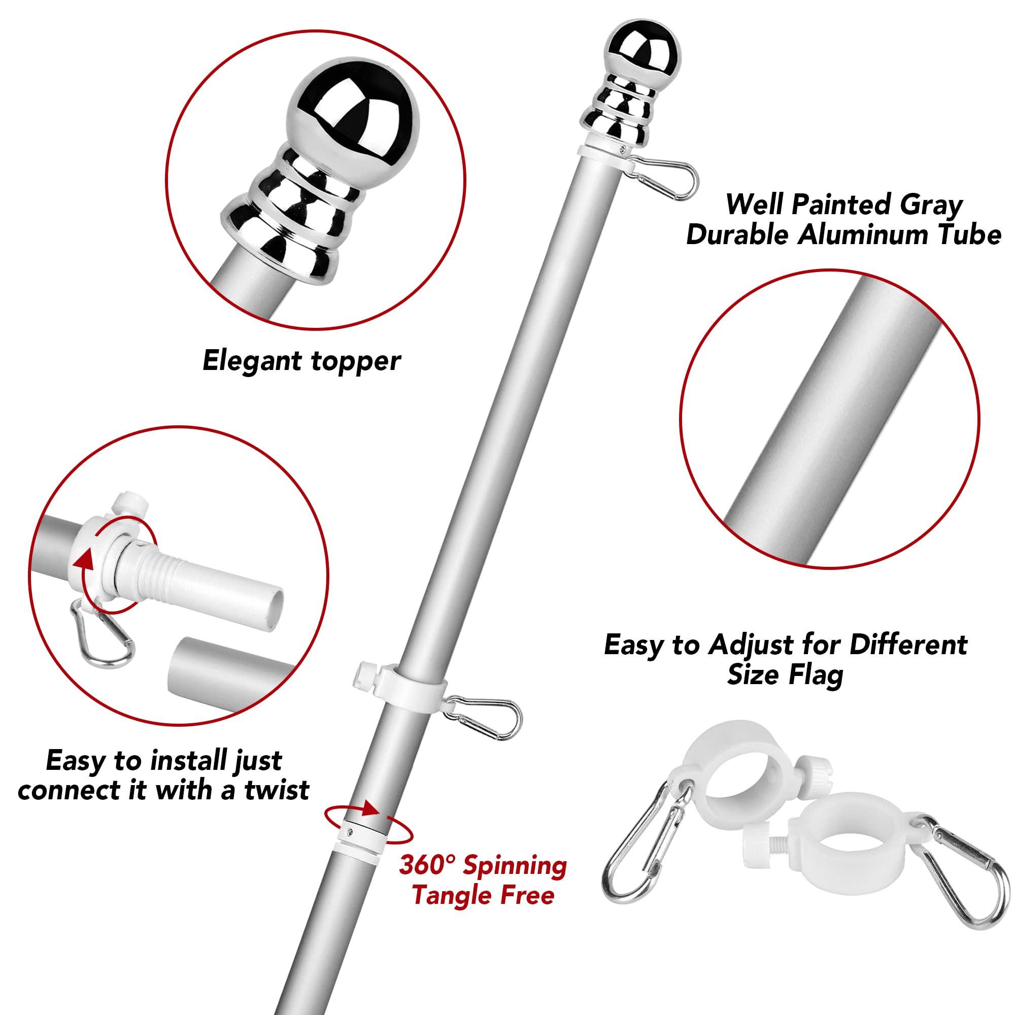 Flag Pole, 6 Foot Tangle Free Spinning Flag Pole for Outside House, Aluminum Rotating Flagpoles, High Wind Resistant Rustproof, Residential or Commerical Flagpole for Garden Boat Truck