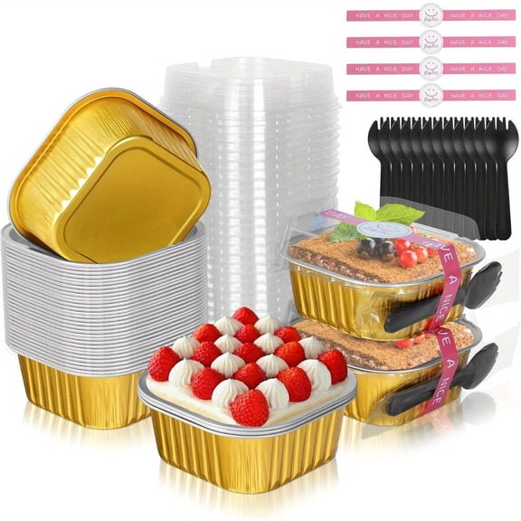 20Pcs Aluminum Foil Brownie Pans Set, 10oz Mini Cake Pans with Lids, Disposable Ramekins Muffin Tins, Square Baking Pans Cupcake Cups, Individual Dessert Containers Flans for Brownie - Gold