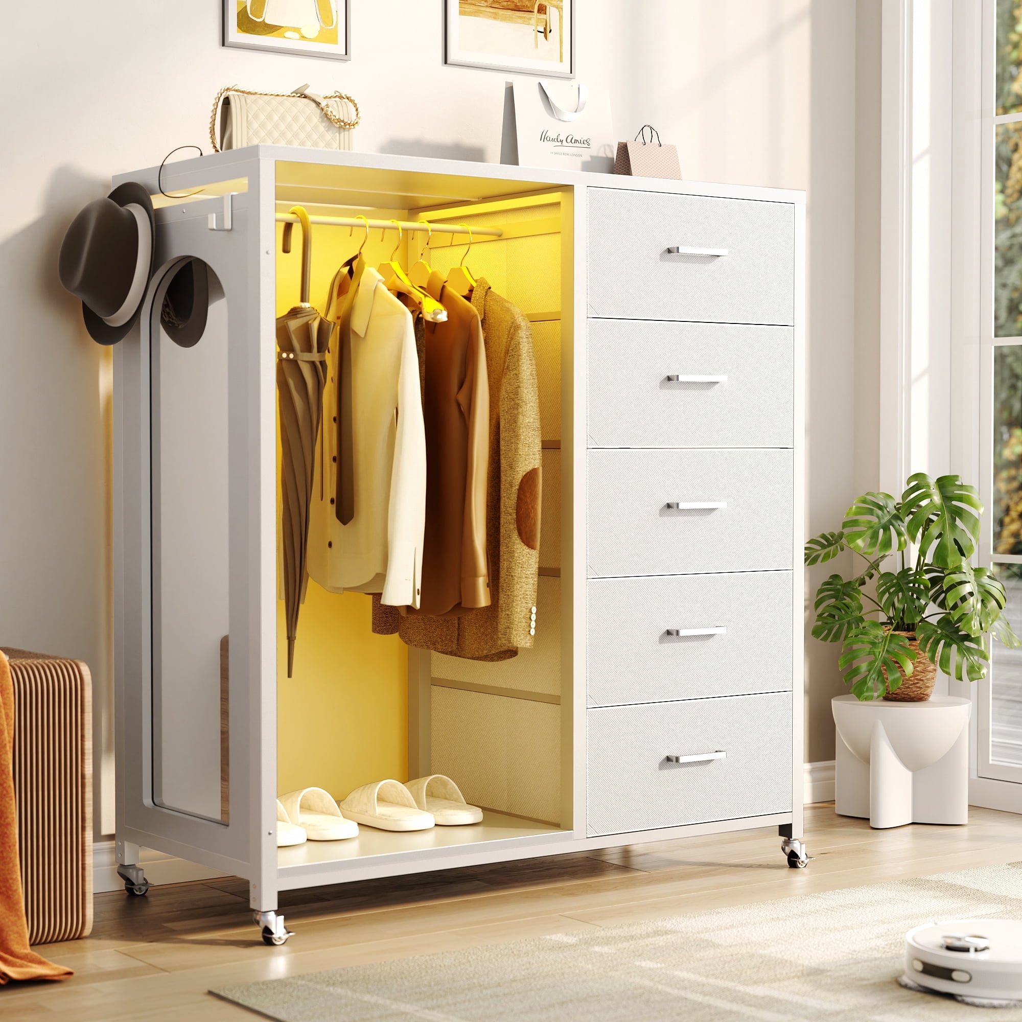 Homieasy Dresser for Bedroom with Clothes Rack & Mirror, Black 5 Drawers Dresser with Charging Station & LED Lights, Rolling Chest of Drawers with Wheels, Full Length Mirror, Wooden Top