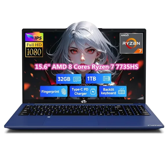15.6" IPS FHD Gaming Laptop, 32GB DDR5 RAM 1TB SSD 8 Cores AMD Ryzen 7 7735HS (Beats i7-12650H, Up to 4.75GHz), Computer with Radeon 680M 100W Type-C Backlit Keyboard Fingerprint Unlock, Blue