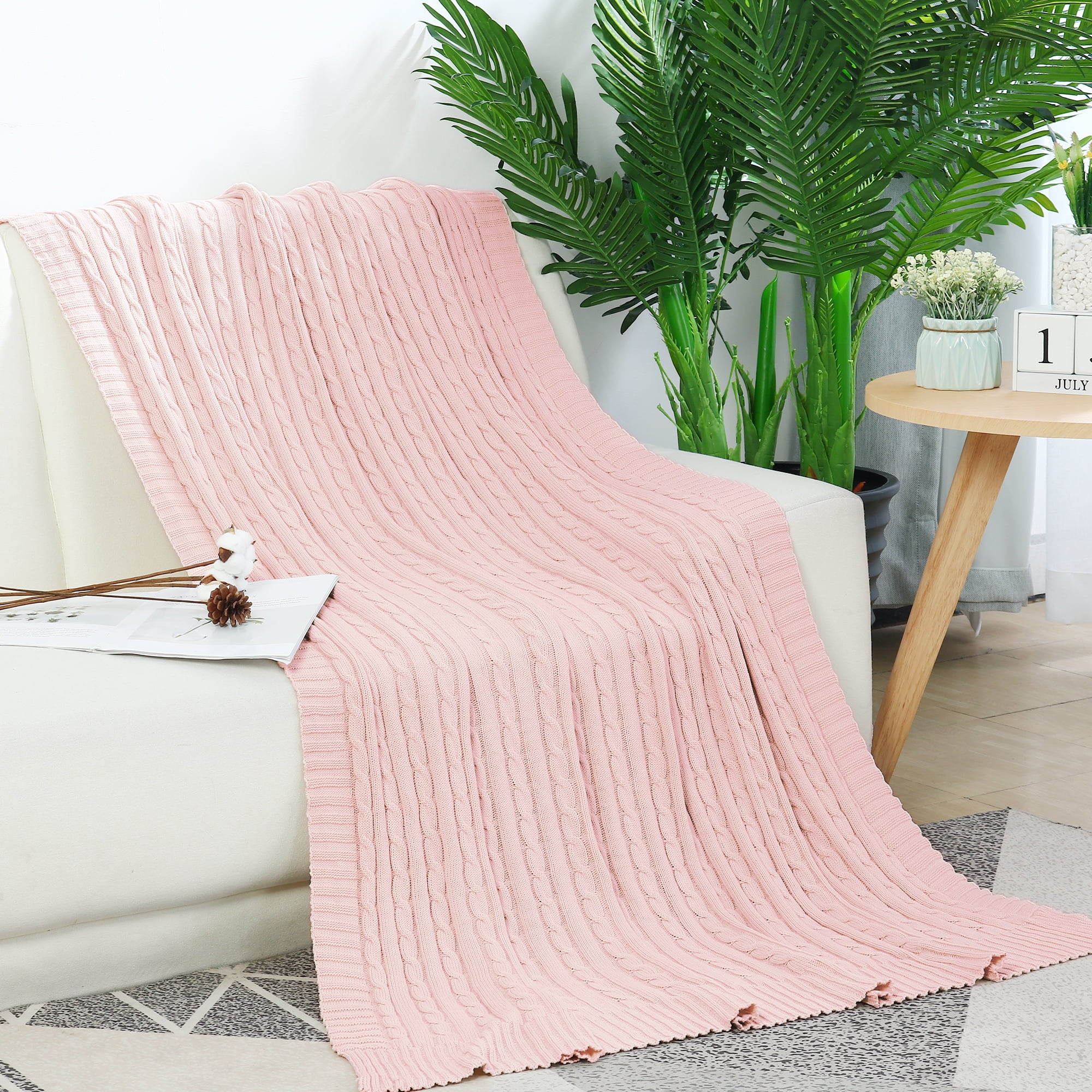 Cotton Blanket Soft Warm Cable Knit Throw Home Bedding Blanket Pale Pink 50x60 Walmart Canada