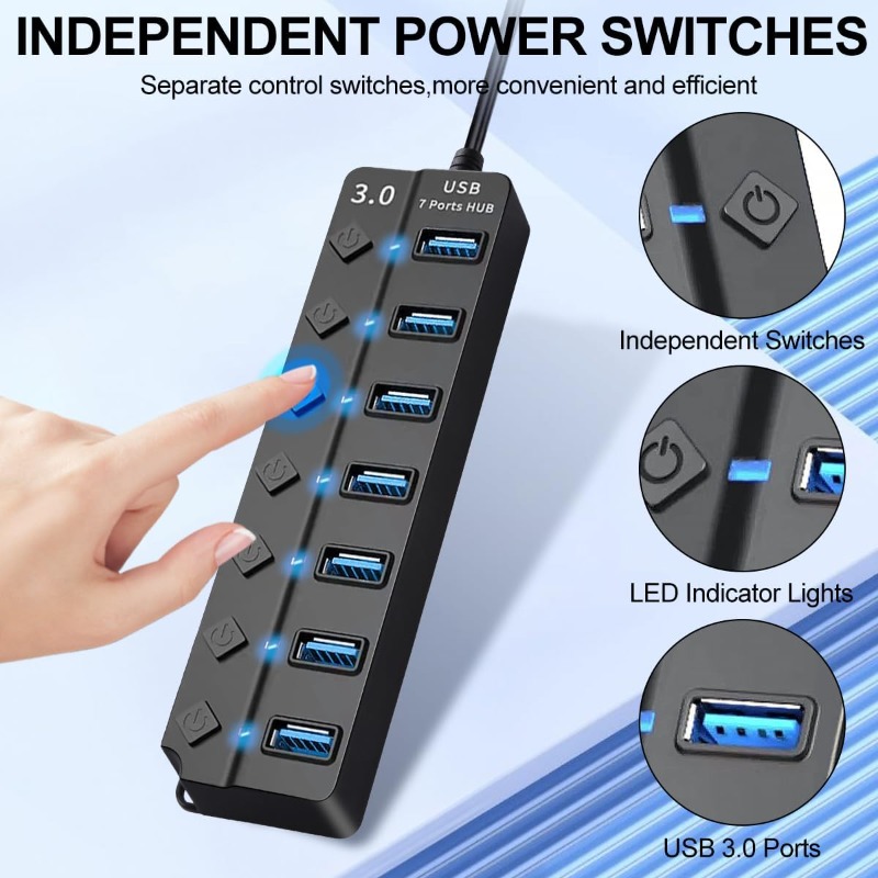Independent Power Switch and LED On/Off 7-Port USB 3.0 Hub, Ultra-Slim 5Gbps Super Speed ​​USB Data Transfer Hub Expansion Splitter for MacBook, XPS, PC, USB Flash Drive, Mobile Hard Drive, etc.