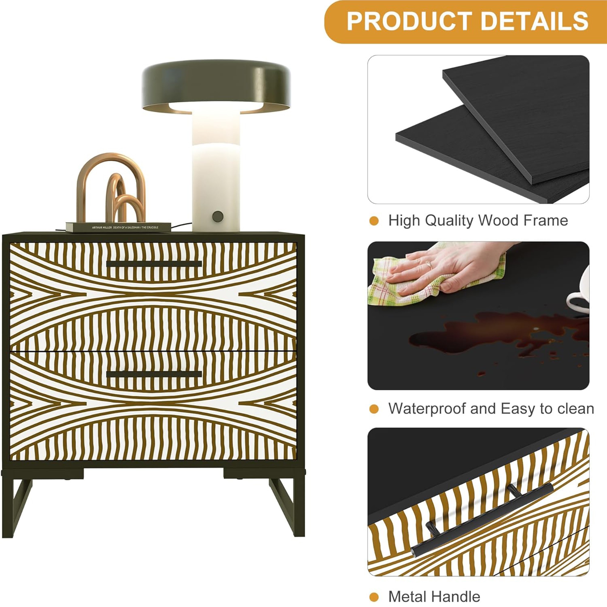 Finihen Modern Nightstand, Side Table with 2 Drawer, 3D Painted Design End Table with Metal Legs for Bedroom, Dorm and Small Spaces, Black Finihen Modern Nightstand, Side Table with 2 Drawer, 3D Painted Design End Table with Metal Legs for Bedroom, Dorm and Small Spaces, Black