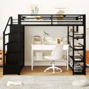 WARMMUSE Full Size Metal Loft Bed, Heavy Duty Loft Bed Frame with Wardrobe, Storage Shelves, Cabinets, and Staircase Cabinet for Kids Teens Adults, Black
