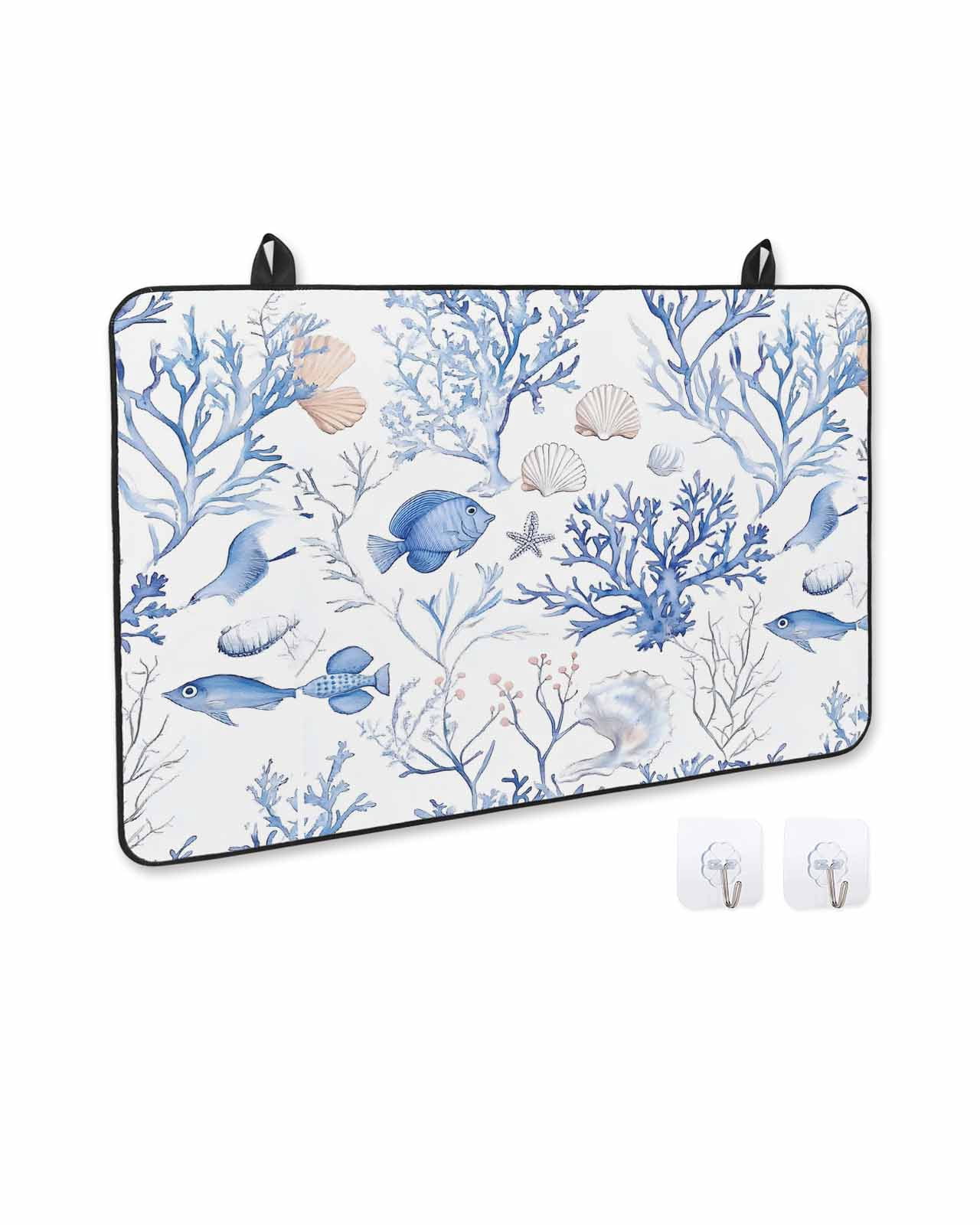 nqOlkjepod Large Induction Cooktop Protector Mat 36"x21", Blue Coastal Stove Top Covers for Electric Stove, Summer Ocean Fish Shell Decorative Stove Burner Cover Mats, Glass Top Stove Cover