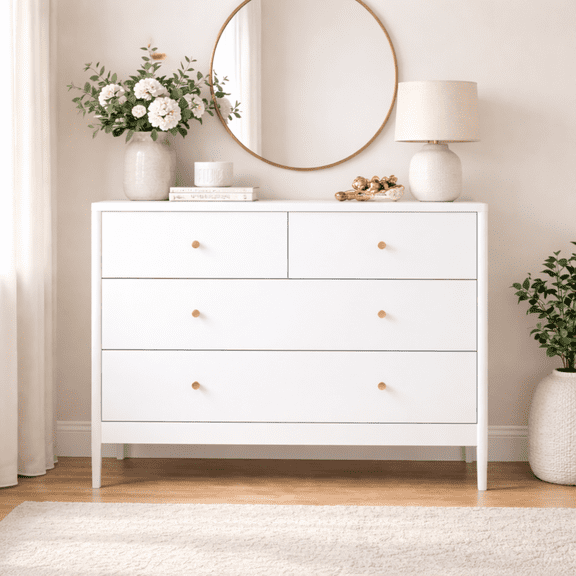 35.4" White 4-Drawer Kids Dresser – Wooden Storage Cabinet for Toddler Bedroom, Nursery, Closet, Baby Nightstand Organizer, Anti-Tip Safety Design