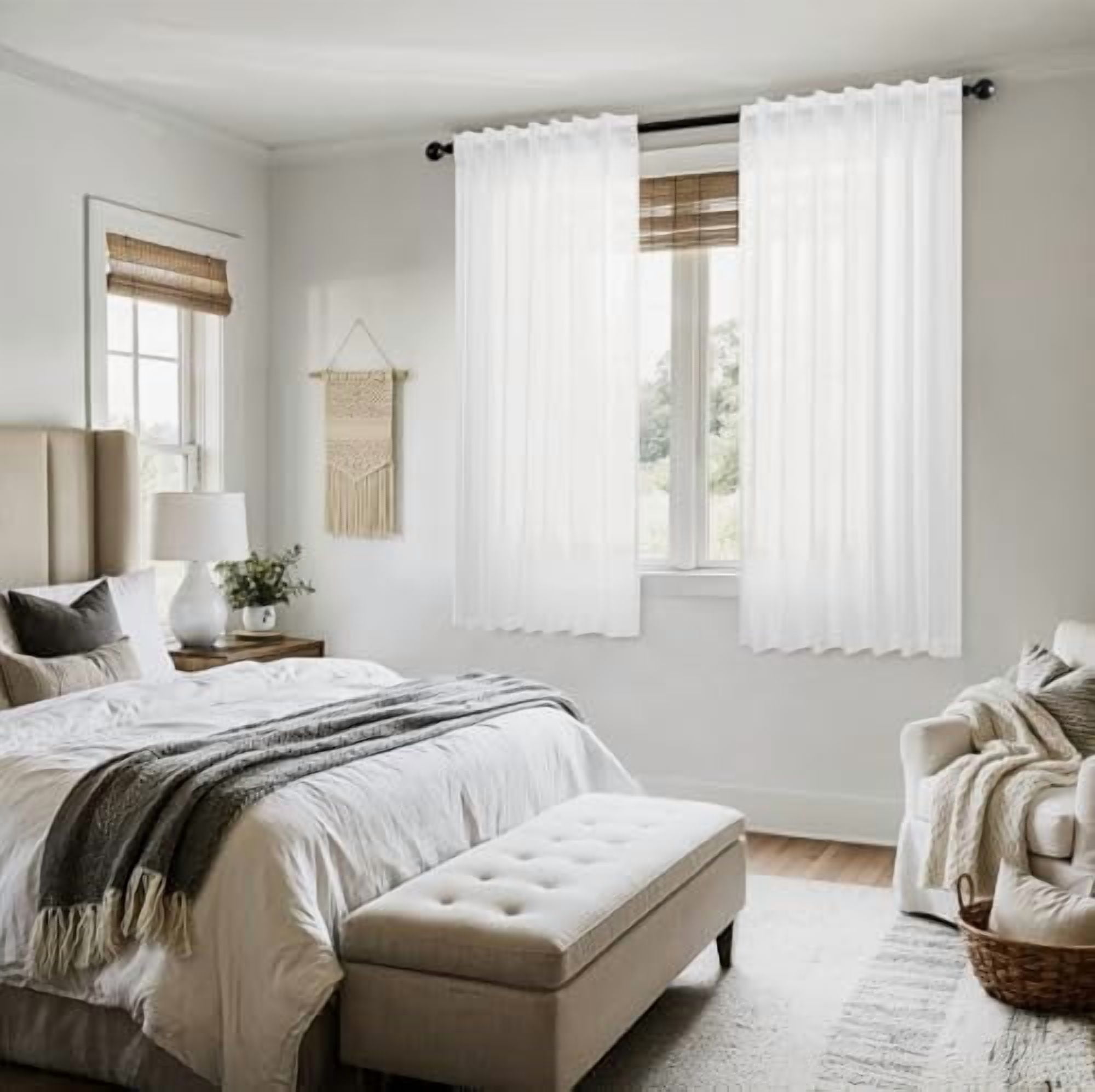 White Linen Curtains Short 60 Inch Length 2 Panels for Kitchen Bedroom, Soft Thick Linen Textured Window Drapes Semi Sheer Light Filtering Back Tab Rod Pocket Burlap Look Decor