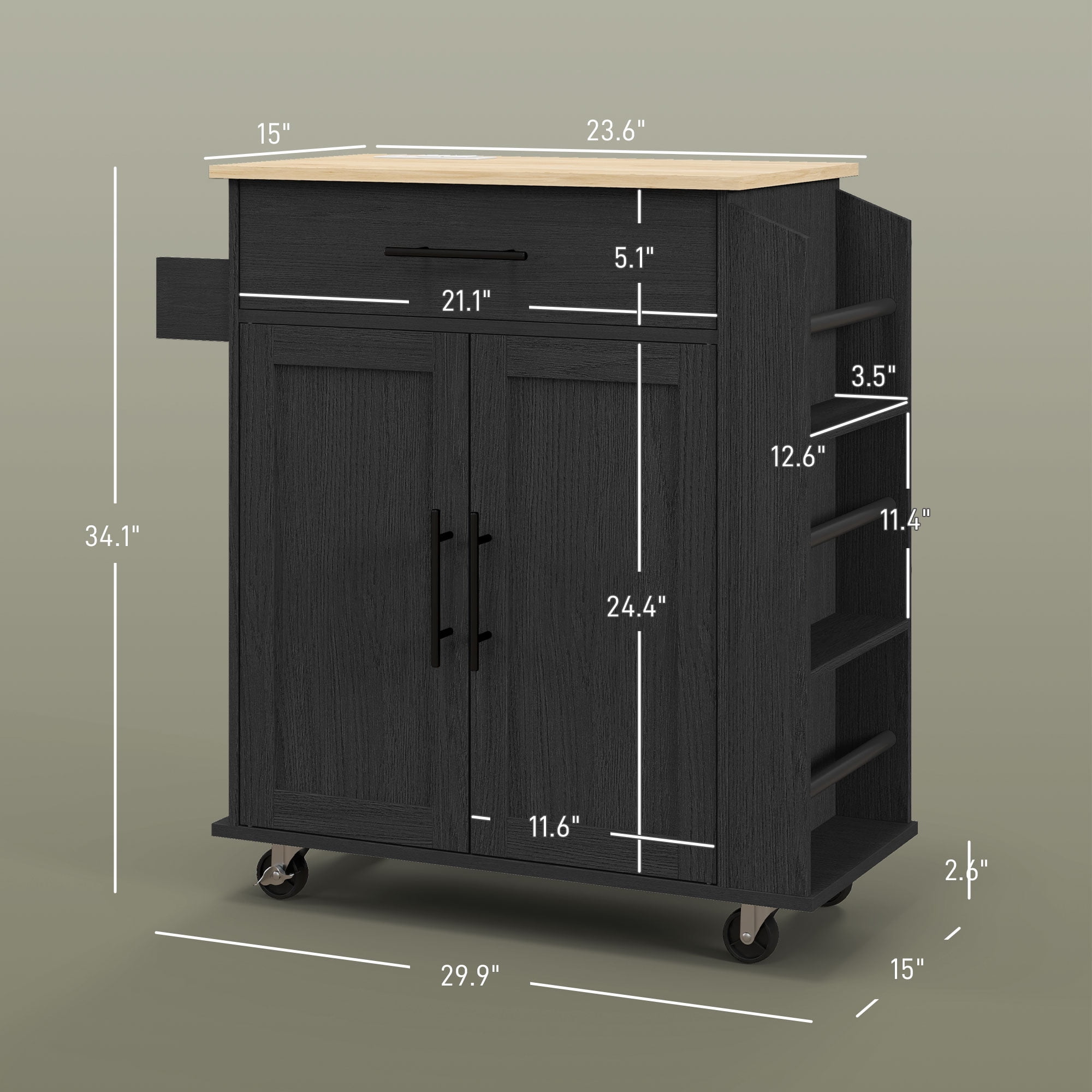 HOMCOM Kitchen Island with Storage and Power Outlets, Rolling, Black