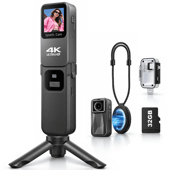 LMZOUR 2-in-1 4K Action Camera with Detachable Charging Handle, WiFi Vlogging Camera with 120° Wide Angle, Video Stabilization and Waterproof Housing, 32GB TF Card