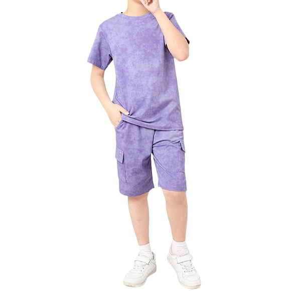 Tenue Nouveau-Né Petit Frère Été Enfants Manches Courtes T-Shirt Imprimé Teinture sur Nœuds et Shorts 2 Pcs Tenues Faciles Mix and Match Ensembles Garçon Violet 4 Ans-5 Ans