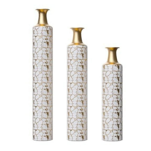 Gold and White High Floor Vase with Set of Three - 24/28/32in, Large Glazed Metal Vases for Living Room, Floor, Home, Elegant Tall Floor Vase, Floor Vases for Home Decor, Tall Vase
