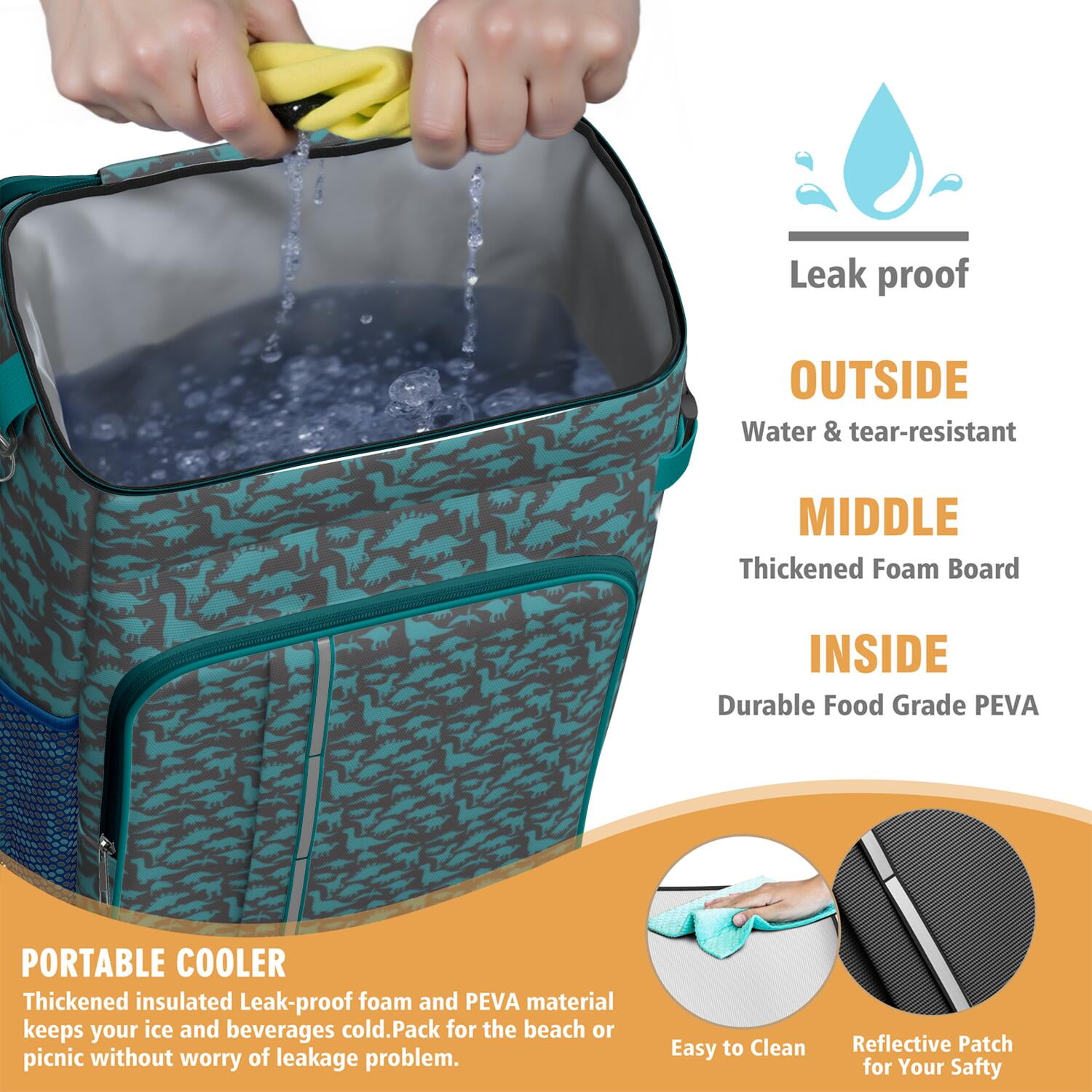 Travel Cooler Bag - DarkGreen Cartoon Dinosaurs Silhouette Pattern Camping Beer Cooler Backpack with Bottle Opener- Waterproof Insulated Picnic Backpacks - Cooler Bag for Beach