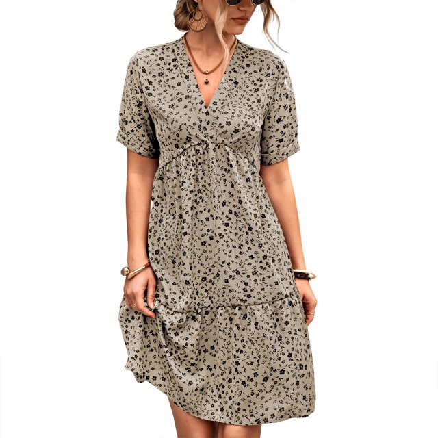 Femmes Manches Courtes Robe de Mode V-Cou Impression Florale Mi Jupe Élégante Robe de Princesse Pull pour Beach Party