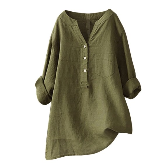 Delconic Women's Casual Loose Fit Linen Blouse, Button-Down V Neck Long Sleeve Shirt, Lightweight Breathable Top for Everyday Wear Army Green L