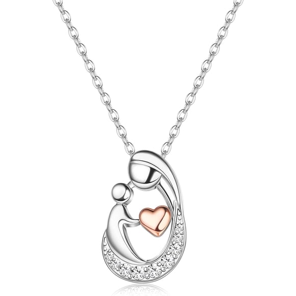 Mother's Day Gifts S925 Sterling Silver Mother Daughter Necklaces 18K White Gold Filled Mom and Child Heart Birthstone Necklace Mom Pendant Necklaces for Mom New Mum Grandma Women Wife