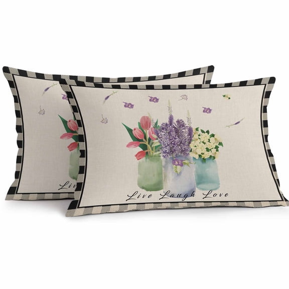 Lumbar Pillow Covers 20x12 Inch Set of 2, Spring Floral Tulip Waterproof Outdoor Pillow Covers, Black Check Buffalo Decorative Cushion Pillowcases for Couch, Sofa, Bed, Garden, Patio