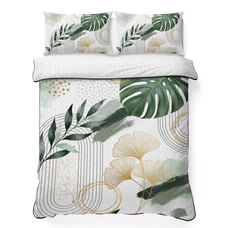 Bohemia Leaf King Quilt Bedding Set Boho Abstract Botanical Green Monstera Leaf Ginkgo Leaf Lightweight Comforter with 2 Pillow Shams Bedroom Bedspread Set Home Decor for All Seasons