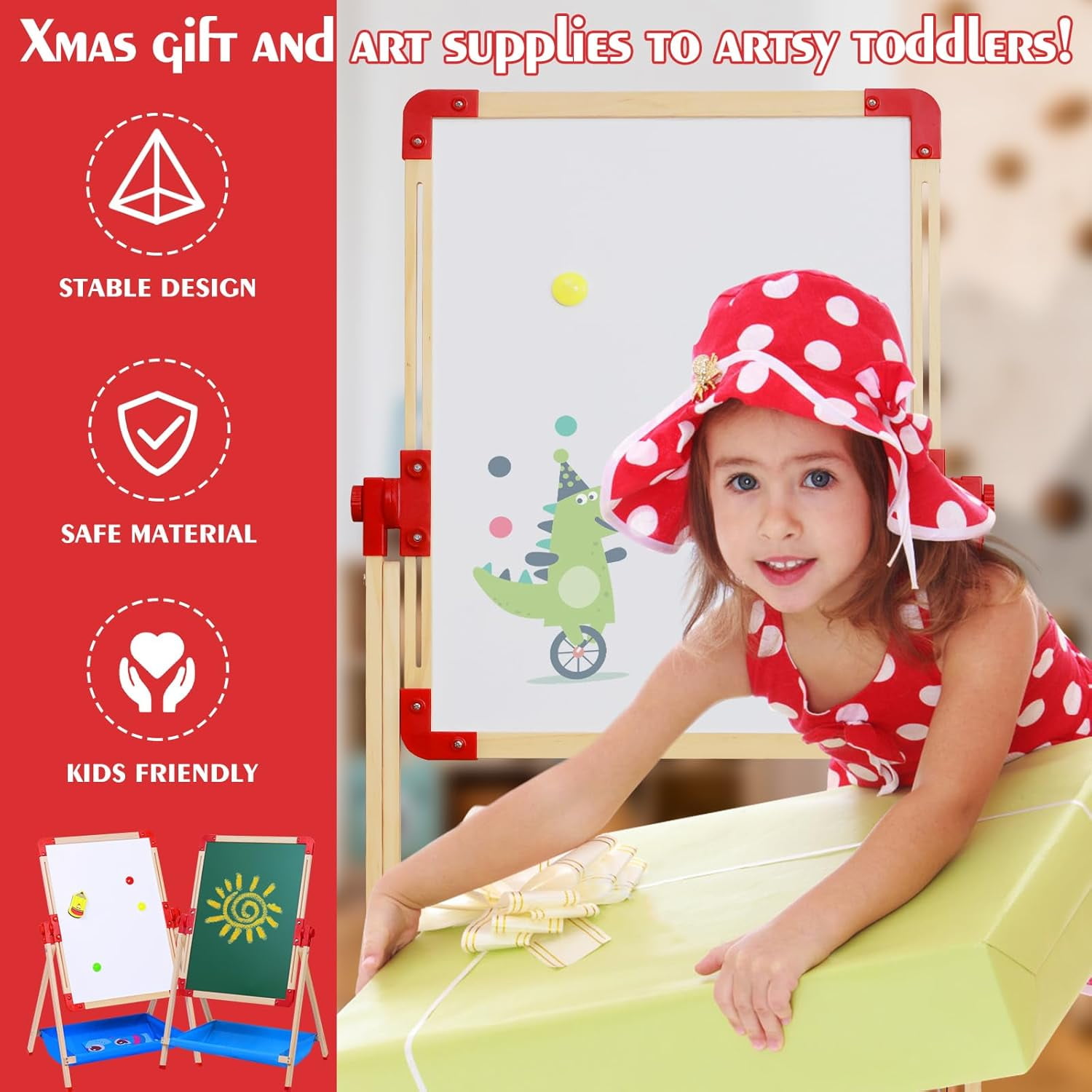 Art Easel for Kids Magnetic Wooden 18.9"x25.2" Double Sided Standing Toddlers Chalkboard - 360°Rotating Easel for Toddler Christmas Birthday Gift for 2-6 Years