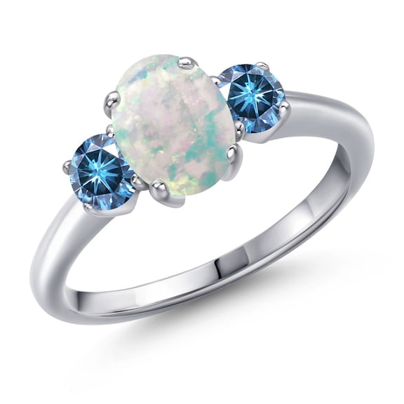 Gem Stone King 925 Sterling Silver Ring Oval/Cabochon White Simulated Opal and Vivid Persian Blue Moissanite (1.46 Cttw, Size 6)