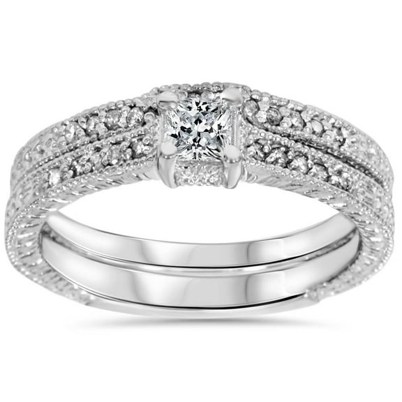 Pompeii 3/4ct Vintage Princess Cut Diamond Ring Set 14K White Gold (I/J,I2-I3)