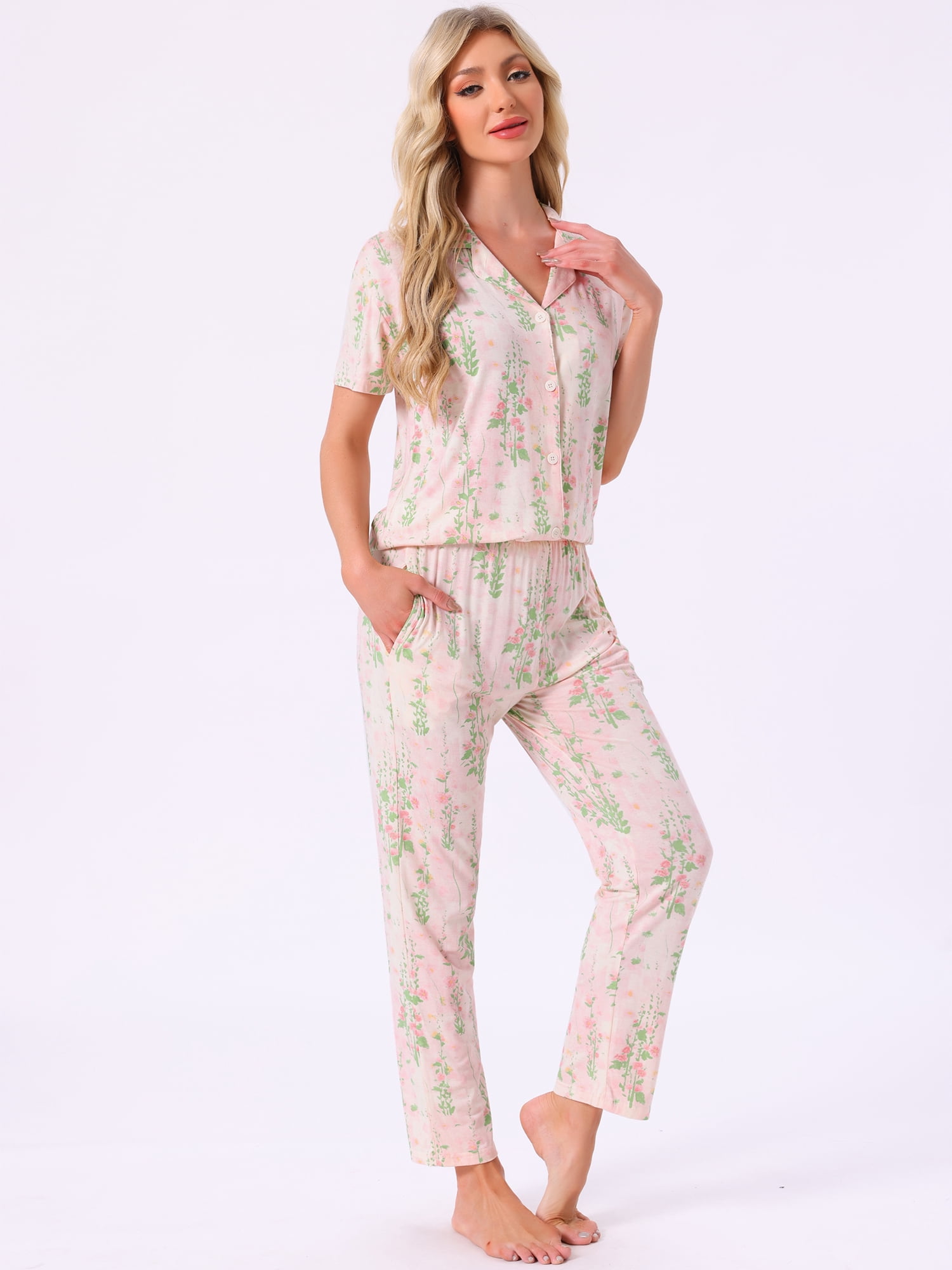 DARING DIVA Tencel Floral Short Sleeve Notched Collar Pants Set XL Pink