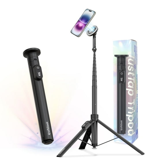 KraftGeek 66'' Magnetic Phone Tripod for iPhone MagSafe, Automatic Selfie Stick with Remote, Portable JustTap Tripod Stand for Video Recording, Travel, Vlogging (Black)