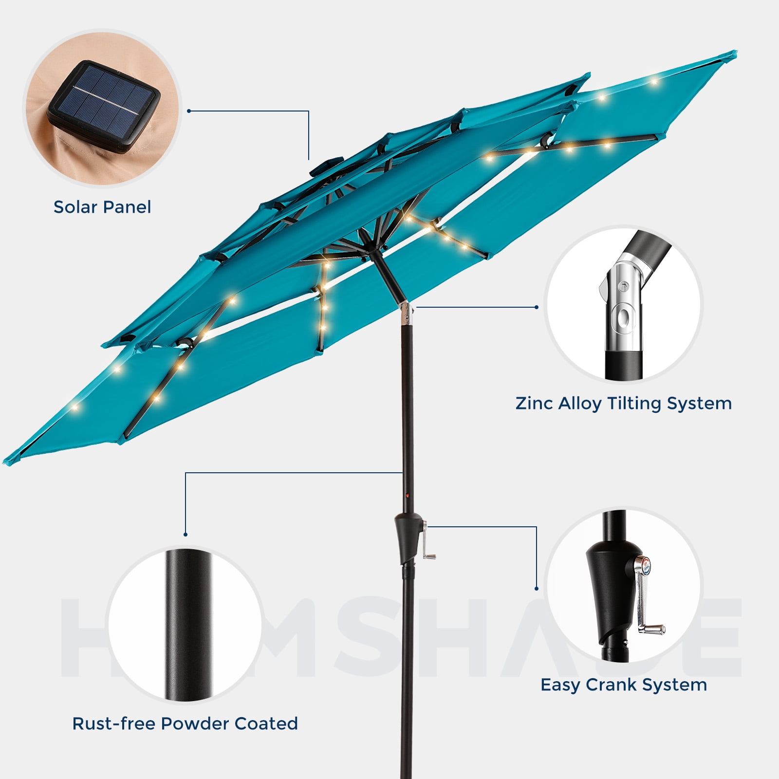 Patbrela 9ft 3-Tier Solar Patio Umbrella with LED Lights, Tilt Adjustment Outdoor Umbrella, Market Sun Shade for Beach, Backyard, Deck, Poolside, Blue