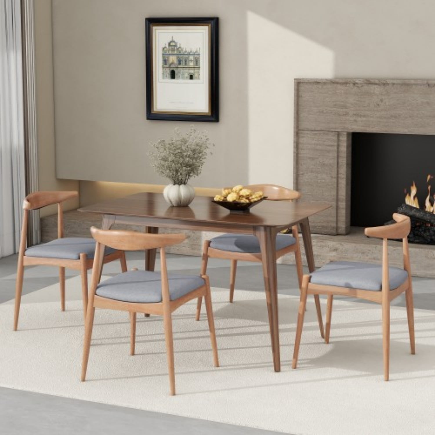 Set of 2 Rubberwood Dining Chairs with Ergonomic Backrest, Upholstered Cushion Seats & Solid Wood Frame, Mid-Century Dining Room Chairs, Natural, Grey