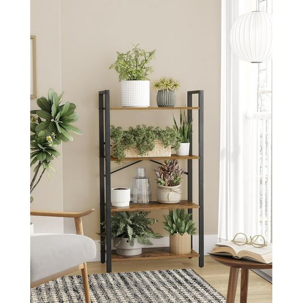 VASAGLE Librería de 4 Niveles, Biblioteca, Estantería para Oficina, Salón, Dormitorio, 30 x 66 x 120 cm, Marrón Rústico y Negro Tinta MLLS60BXV1