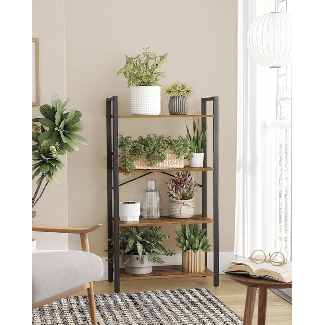 VASAGLE Librería de 4 Niveles, Biblioteca, Estantería para Oficina, Salón, Dormitorio, 30 x 66 x 120 cm, Marrón Rústico y Negro Tinta MLLS60BXV1