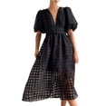 thumbnail image 2 of Liacowi Women Midi Dress Mesh Plaid Texture Puff Short Sleeve Dress V-Neck Party Dress, 2 of 4