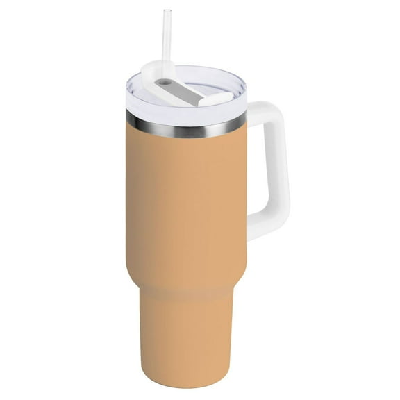 Light Warm Brown Tumbler with Handle and Straw Lid 40 oz Insulated Vacuum Water Bottle Stainless Steel Travel Cup