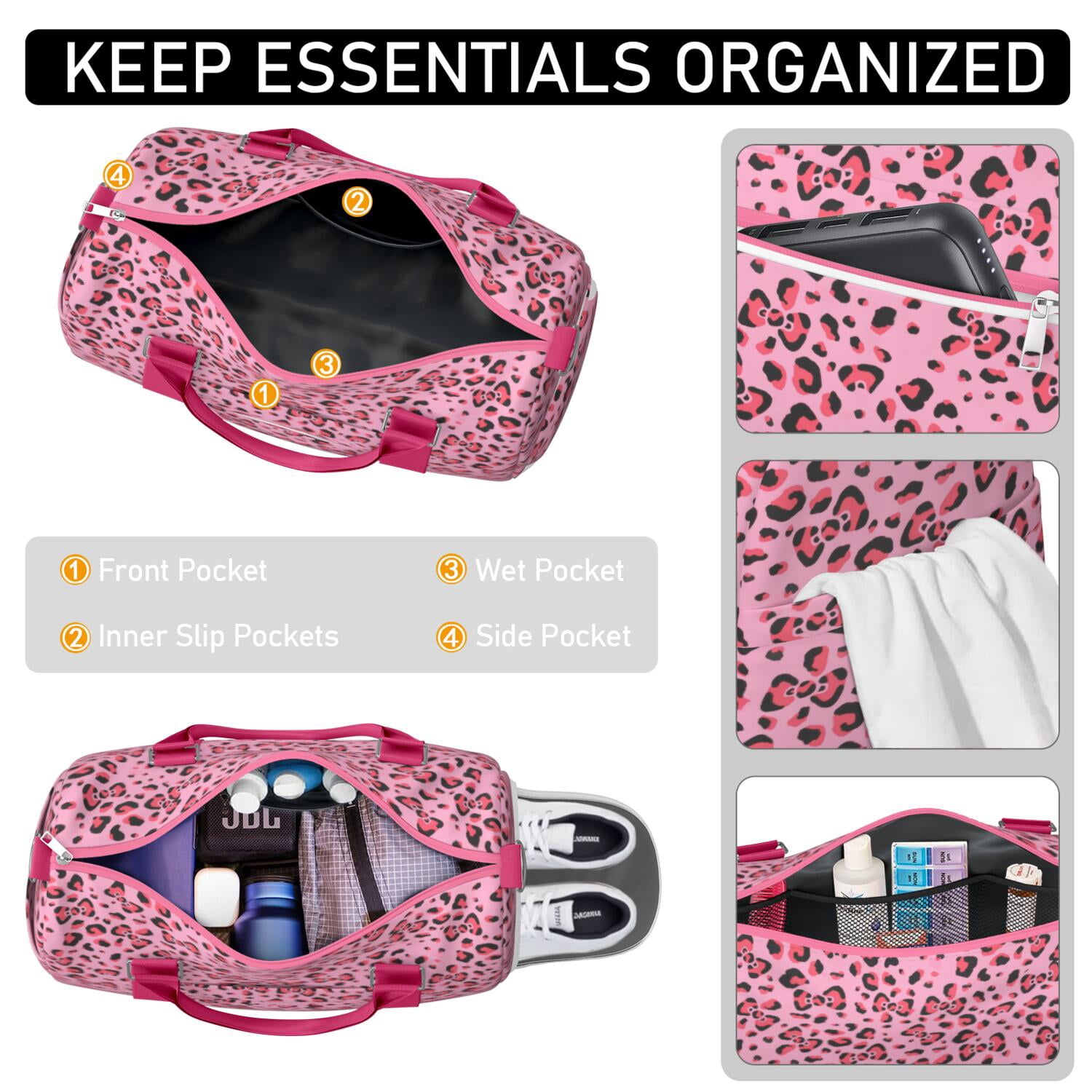Leopard Womens Gym Tote Duffle Bag with Wet Pocket & Shoe Compartment, Checkered Travel Duffel Bag Overnight Weekender Hospital Tote Girls Workout Carry on Bag with Luggage Sleeve