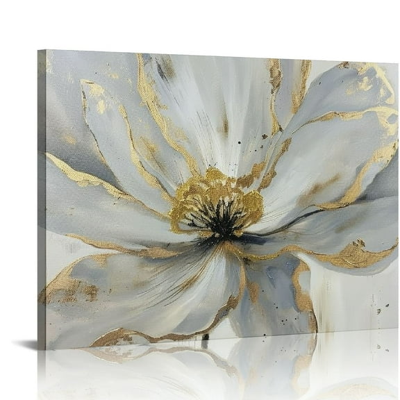 ONETECH Floral Wall Art Gold Grey Flower Canvas Pictures with Foil Embellishment Painting Print Framed Artwork for Bedroom Bathroom Living Room Office Wall Decor