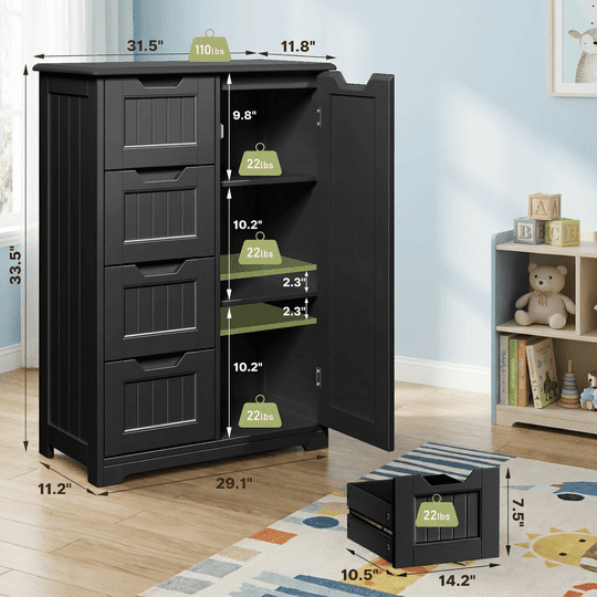 Aiho Bathroom Floor Cabinet Storage Organizer Freestanding Wooden Cupboard with Door Drawers Adjustable Shelf for Small Spaces Laundry Room Kitchen Living Room Bedroom Home Office - Black