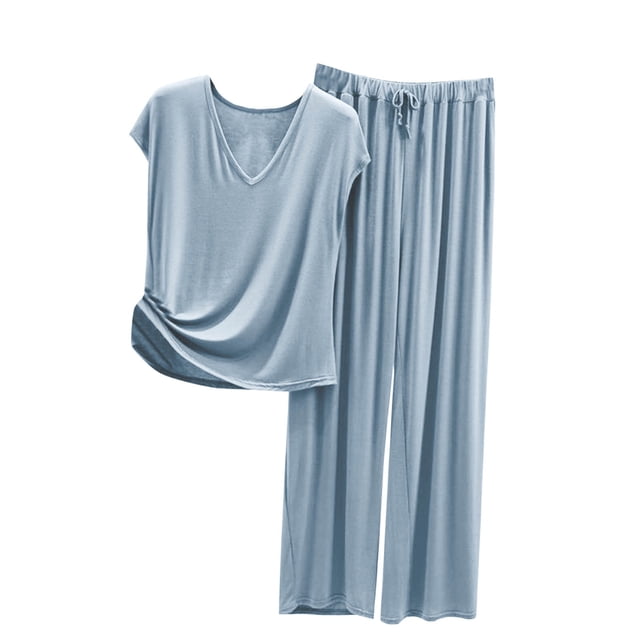 Yuyuzo Womens Pajama Set 2 Piece Short Sleeve V Neck Top Homewear Drawstring Pants Fall Comfy Pj Sets