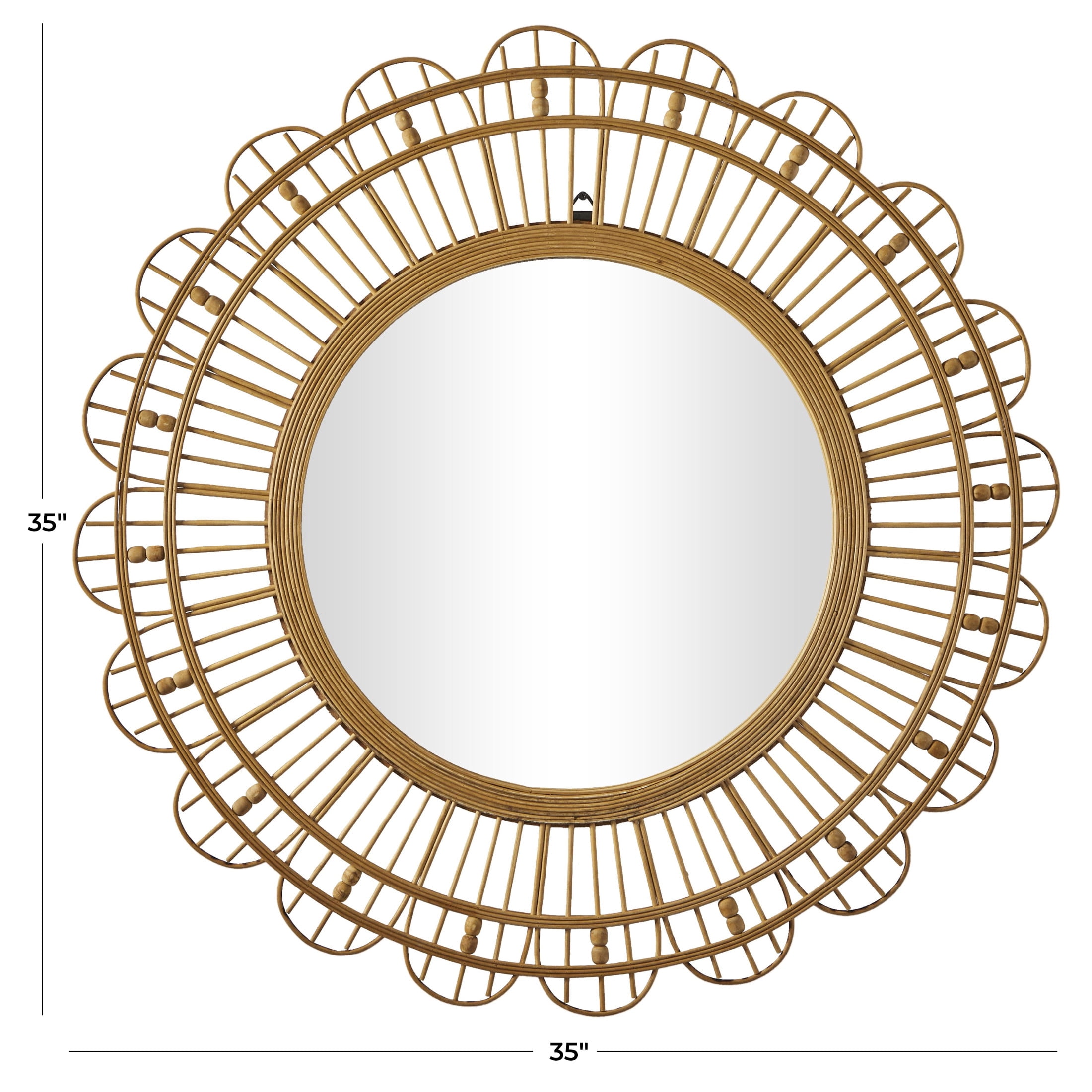 DecMode 35" x 35" Brown Handmade Woven Floral Wall Mirror with Beaded Accents