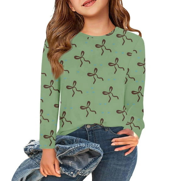 Abcomgle Girls Long Sleeve Shirts Size 6 Crewneck Fall T Shirts for Girls Trendy Basic Top for Girls Trendy Bow Graphic Girls Tunic Tops 4-5 Years,Army Green