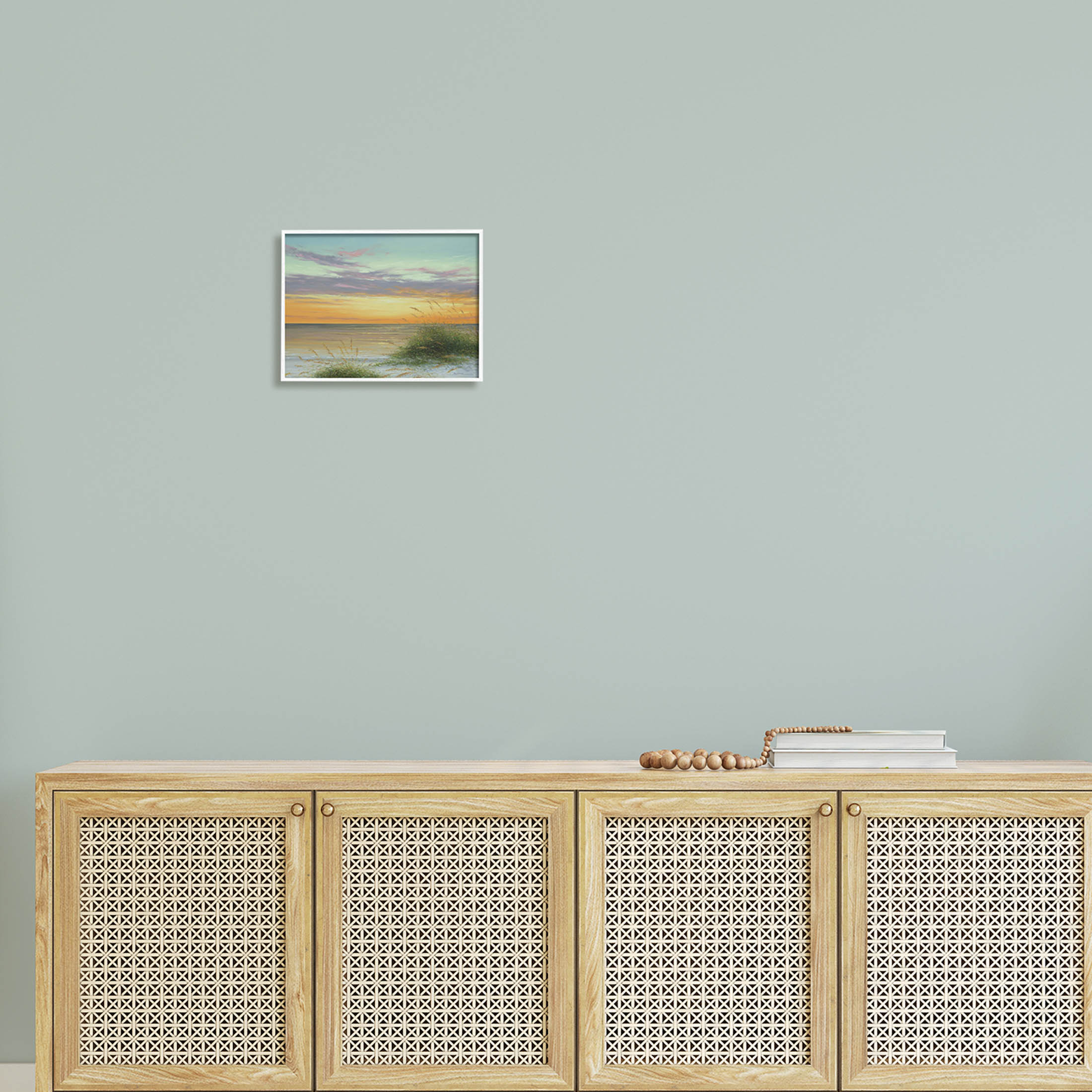 Coastal Reeds Sunset Beach Shore Coastal Painting White Framed Art Print Wall Art