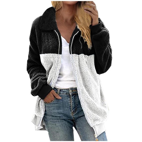 Womens Sherpa Jacket Color Block Sweatshirt Top Fuzzy Fleece Jackets Zip Up Outerwear Sweater Warm Winter Coats